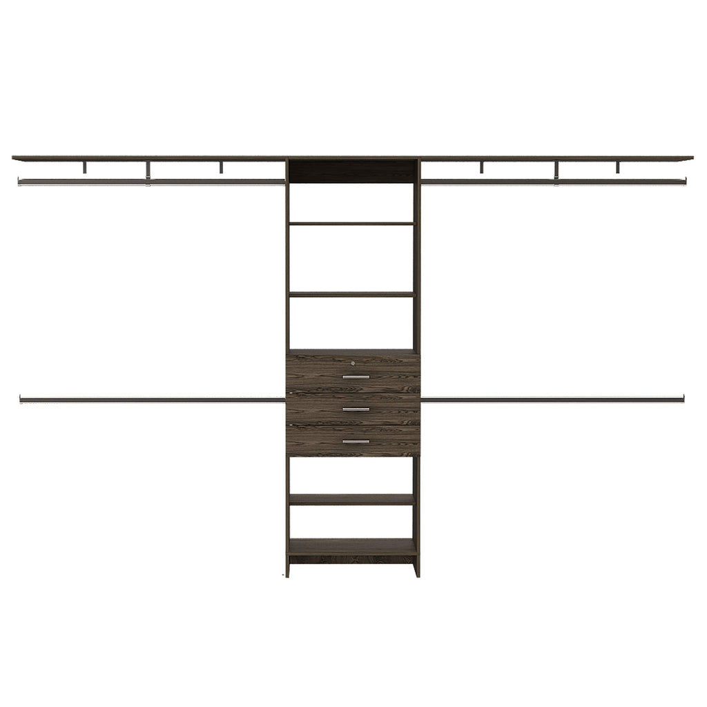 Depot E-Shop Zamora 69&Quot;W - 118&Quot;W Closet System With Four Hanging Rods, Three Drawers, And Five Shelves, Dark Walnut, Bedroom