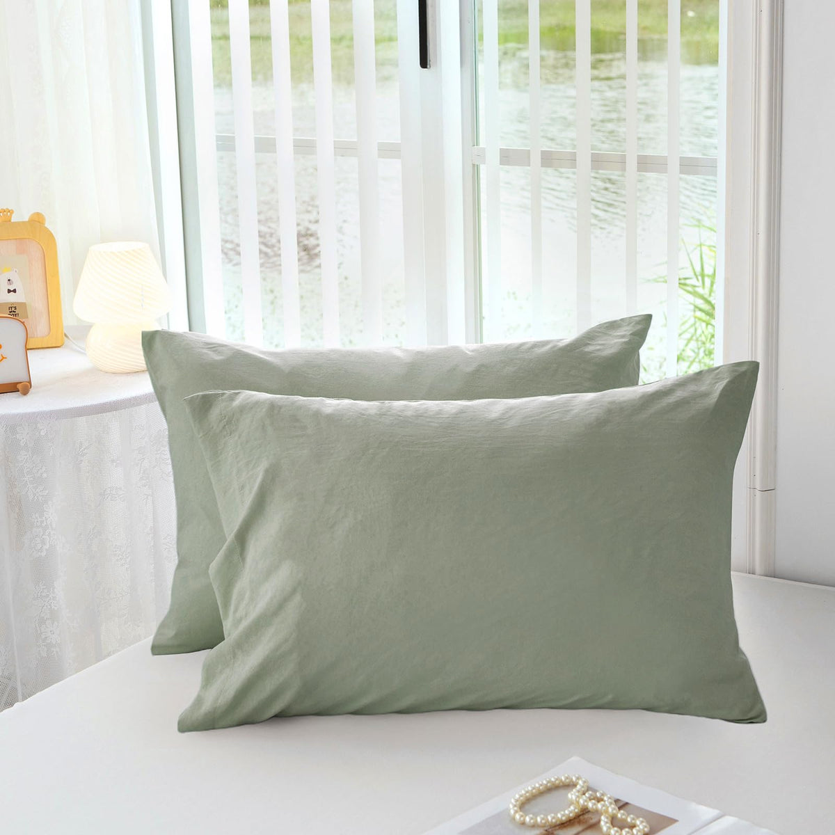 Mildly Queen Pillowcases Mist Sage - 100% Washed Microfiber Super Soft And Cozy Pillow Cases Set Of 2 With Envelope Closure 20X3