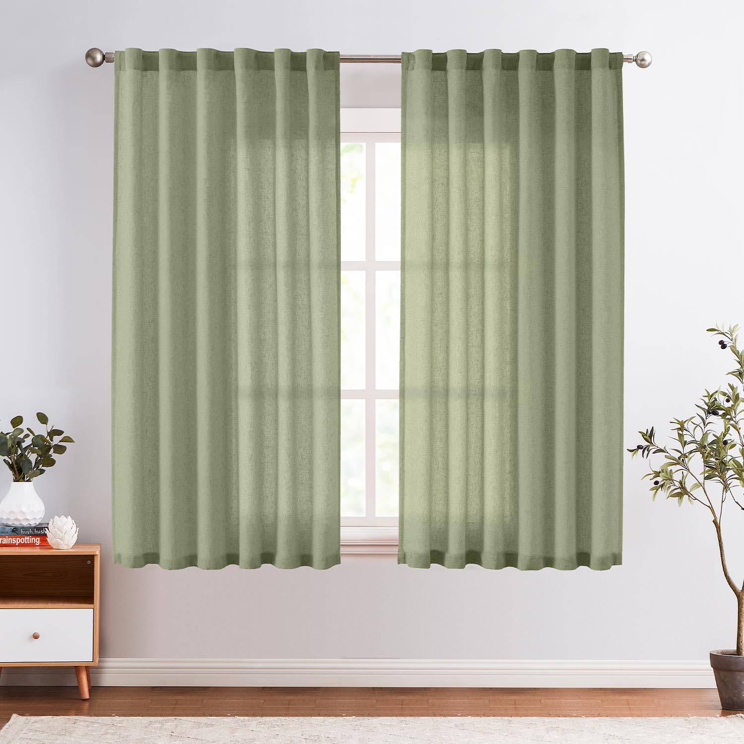 Jinchan Linen Blend Curtains 63 Inches Length For Living Room Farmhouse Rod Pocket Back Tab Light Filtering Window Drapes For Bedroom Curtains Sage Green 2 Panels