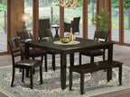 East West Furniture PFLY6-CAP-LC 6 Piece Dining Set Contains a Square Dining Room Table with Butterfly Leaf and 4 Faux Leather Kitchen Chairs with a Bench, 54x54 Inch, Cappuccino