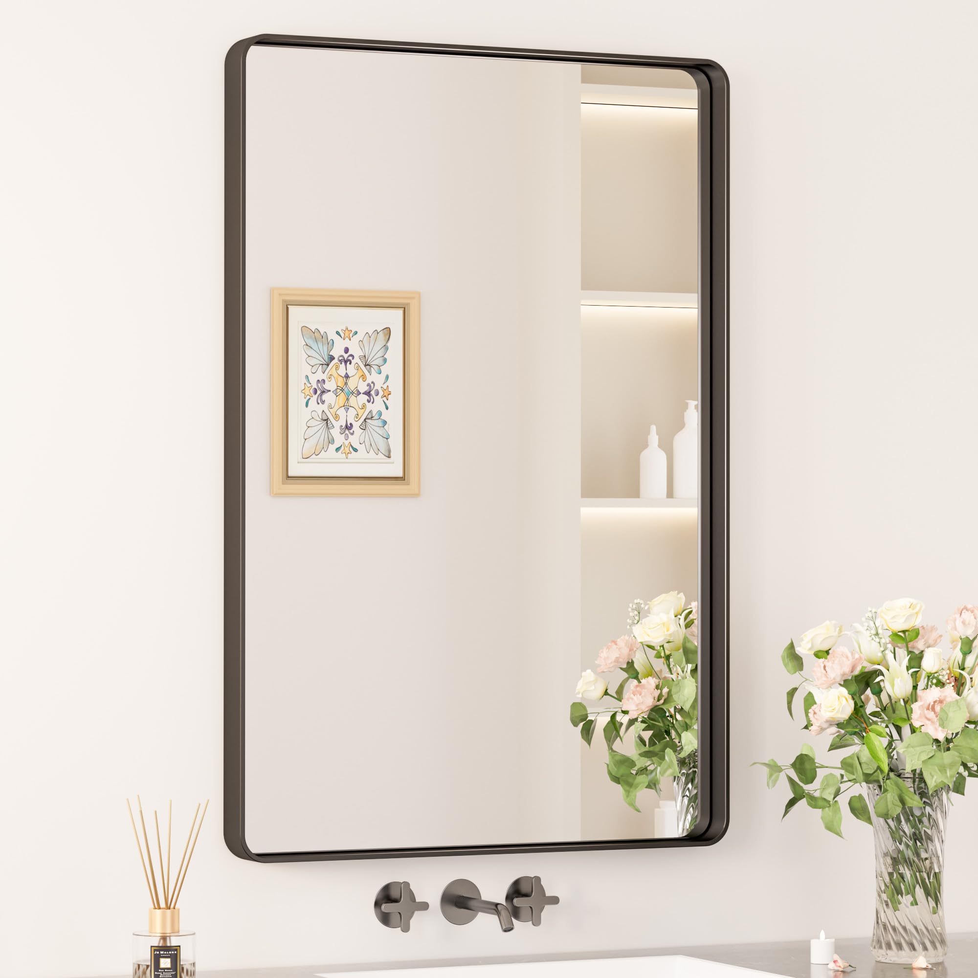 Keonjinn Black Bathroom Mirror for Vanity 24 x 36 Inch Metal Framed Wall Mirror Matte Black Rounded Rectangle Farmhouse Mirror, 