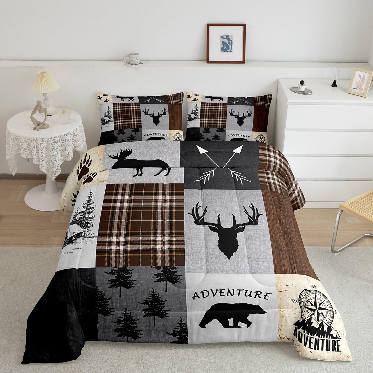 Deer Antler Comforter Set Twin Size,Bear Paw Pine Trees Rustic Farmhouse Bedding Set For Boys Girls Adults Room Decor,Geometric