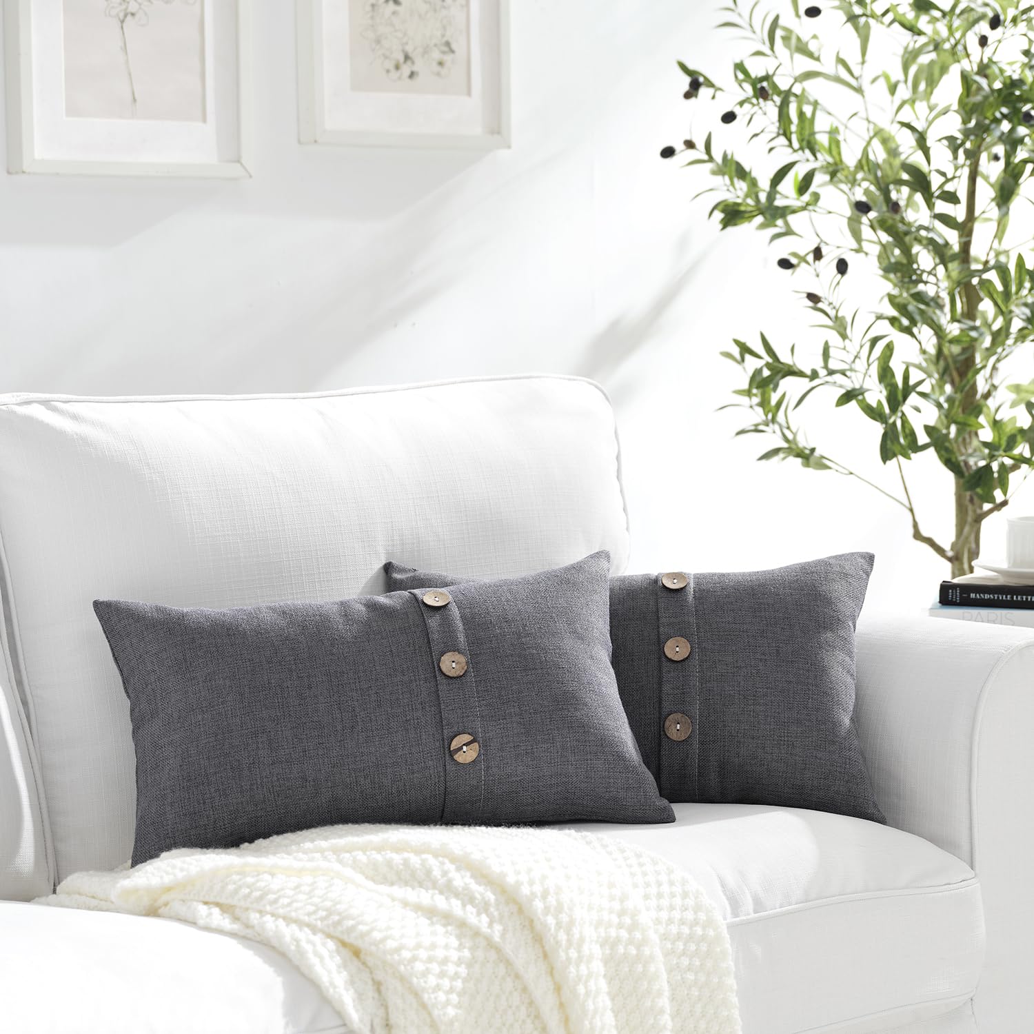 Meekio Set Of 2 Dark Gray Lumbar Pillow Covers 12 X 20 Farmhouse Linen Pillow Covers With Coconut Buttons For Sofa Couch Living