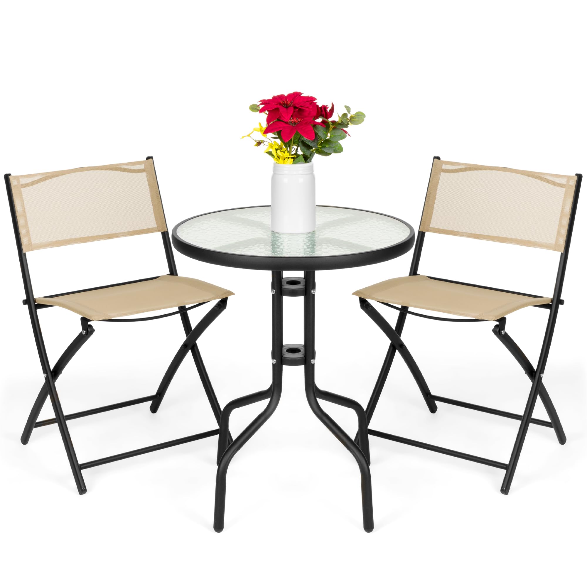 Best Choice Products 3-Piece Patio Bistro Dining Furniture Set W/Textured Glass Tabletop, 2 Steel Folding Chairs, Polyester Fabric - Beige