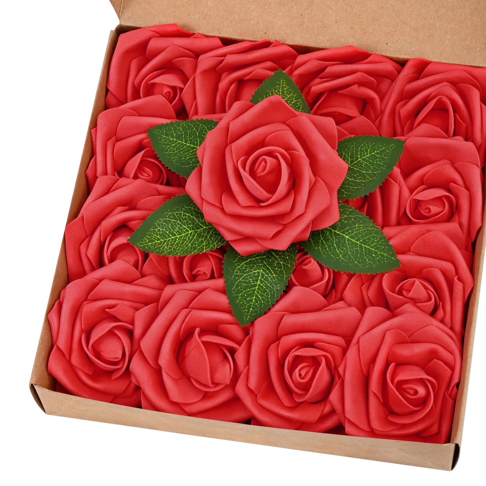 BLEUM CADE 16Pcs Artificial Flowers Fake Roses with Stems, Red Boxed Foam Roses for DIY Bouquets Centerpieces Wedding Party Arra
