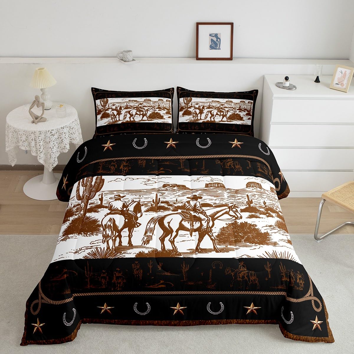 Manfei Western Cowboy Comforter Set Full Size, Cowboy Horse Western Bedding Set 3Pcs, Wild West Cactus Farmhouse Brown Down Comf