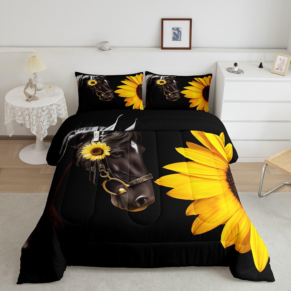 Erosebridal Horse Comforter Set King,Sunflower Horse Bedding Set For Boys Girls Teens Adults,Western Cowboy Farmhouse Down Comfo