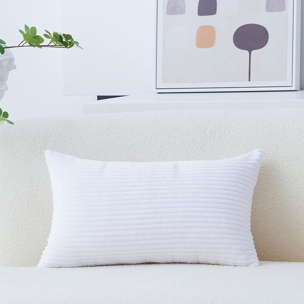 Home Brilliant Oblong Pillow Cover Decorative Striped Corduroy Rectangle Cushion Cover For Couch, 12 X 20 Inch, Pure White