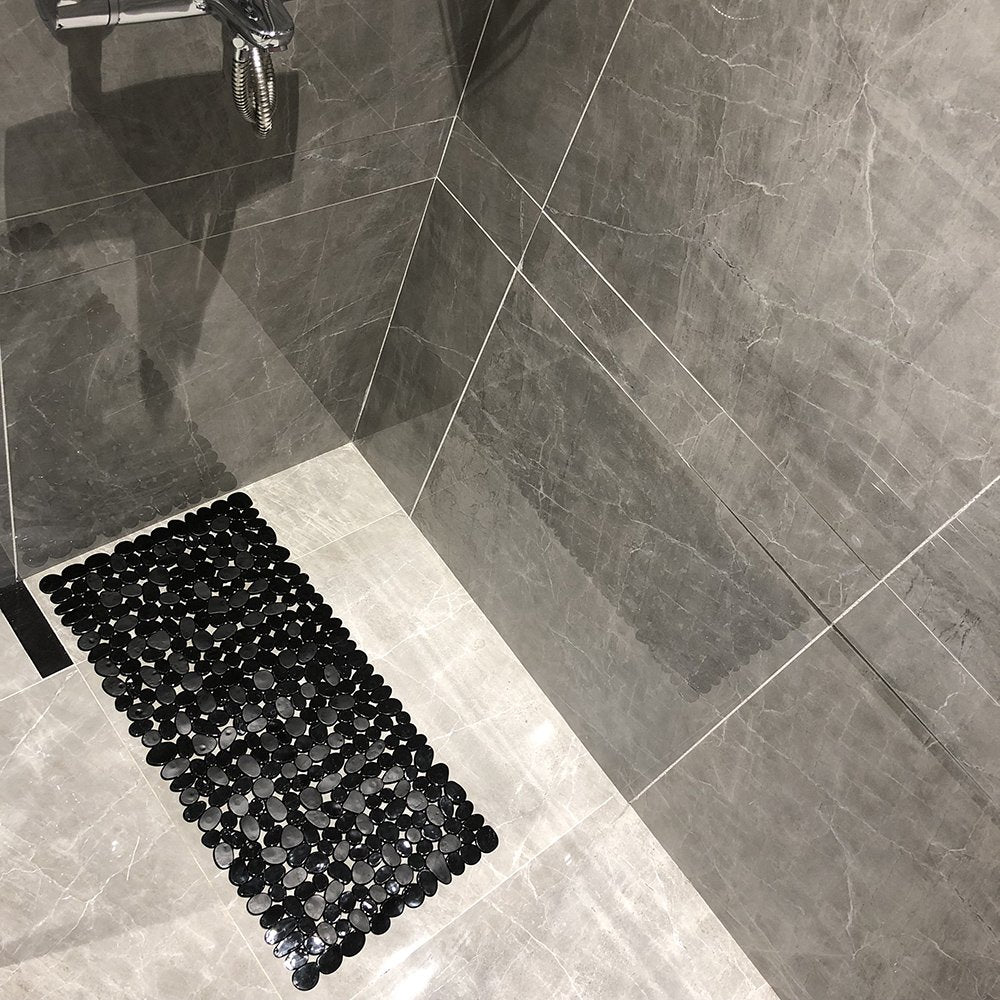 Non-Slip Pebbles Stone Bath Mats,Slip-Resistant Pebble Shower Mats, Anti-Slip Bathtub Mats, Machine Washable (Black, 14' W X 27