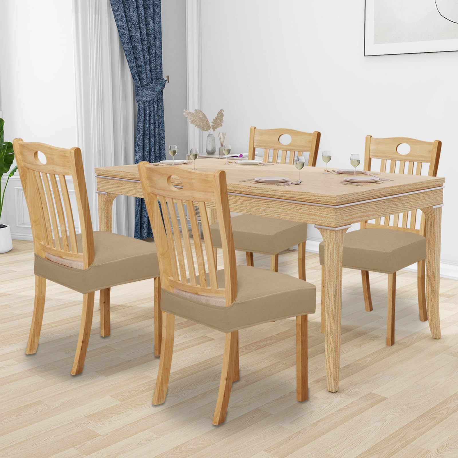 Easy-Going 100% Waterproof Seat Covers For Dining Room Chairs Set Of 4, Stretch Chair Seat Slipcovers Protector Removable And Washable Kitchen Dining Chair Covers, Khaki