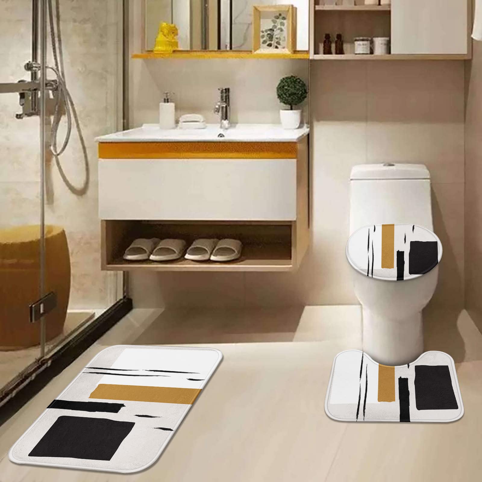 Tayney Boho Mid Century Shower Curtain Set With Toilet Lid Cover And Non-Slip Rugs, Abstract Line Art 4 Pcs Shower Curtain Set,