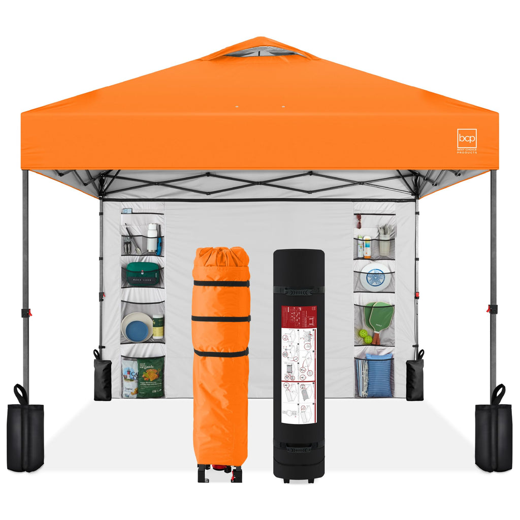 Best Choice Products 10X10Ft Easy Pop Up Canopy W/Side Wall, 10 Pockets, Portable Carrying Case, 1-Button Setup, 4 Weight Bags - Orange
