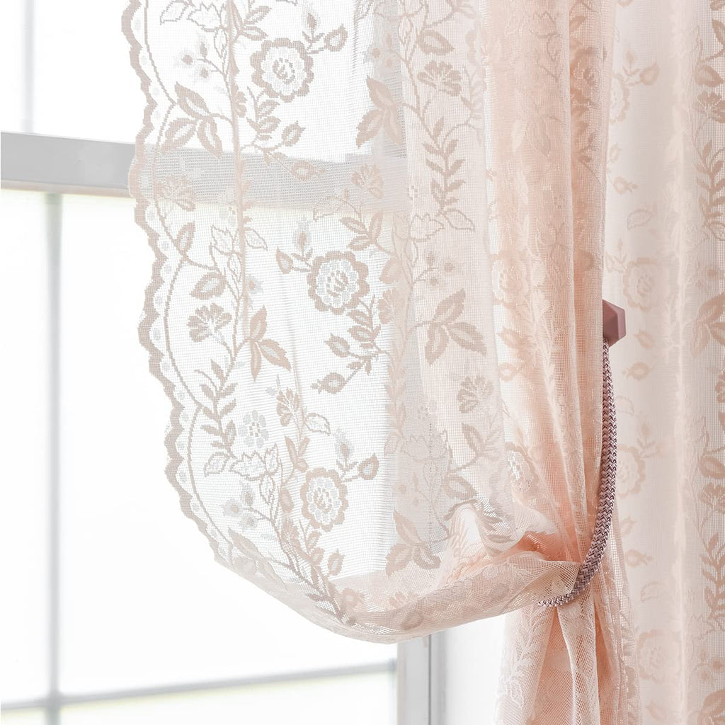 FINECITY Blush Lace Curtains 54 Inch Length for Girls Bedroom, Knitted Floral Leaf Pattern Sheer Lace Curtains 2 Panels, Rod Poc