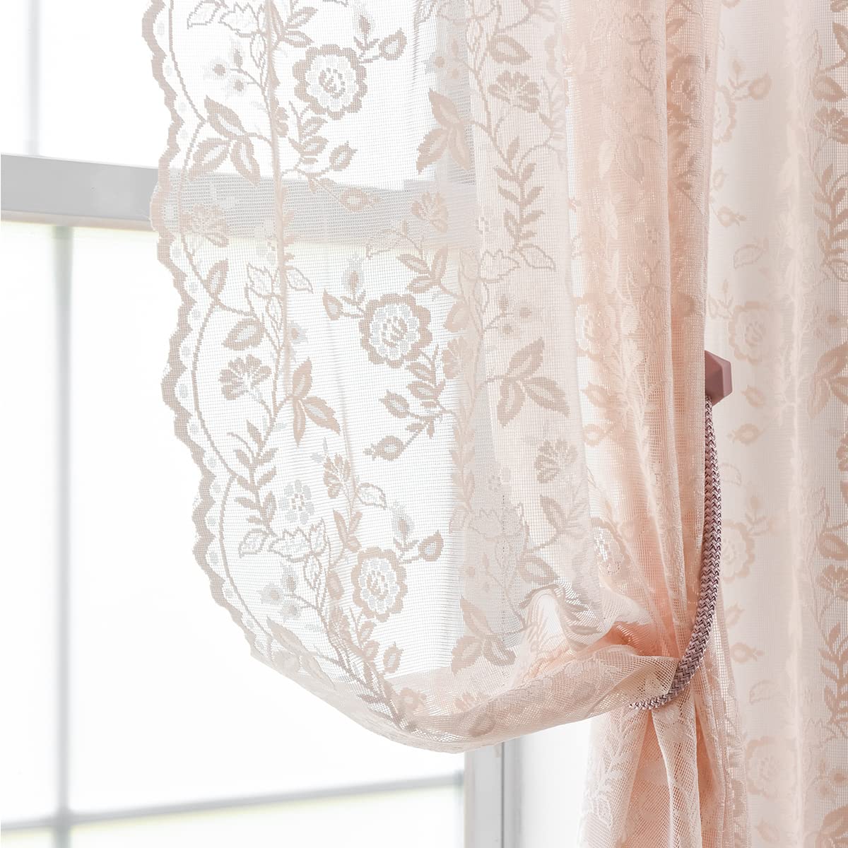FINECITY Blush Lace Curtains 54 Inch Length for Girls Bedroom, Knitted Floral Leaf Pattern Sheer Lace Curtains 2 Panels, Rod Poc