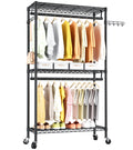 Heavy Duty Clothes Rack Rolling Garment Rack,3 Tier Adjustable Wire Shelving Clothing Racks for Hanging Clothes with Double Rods