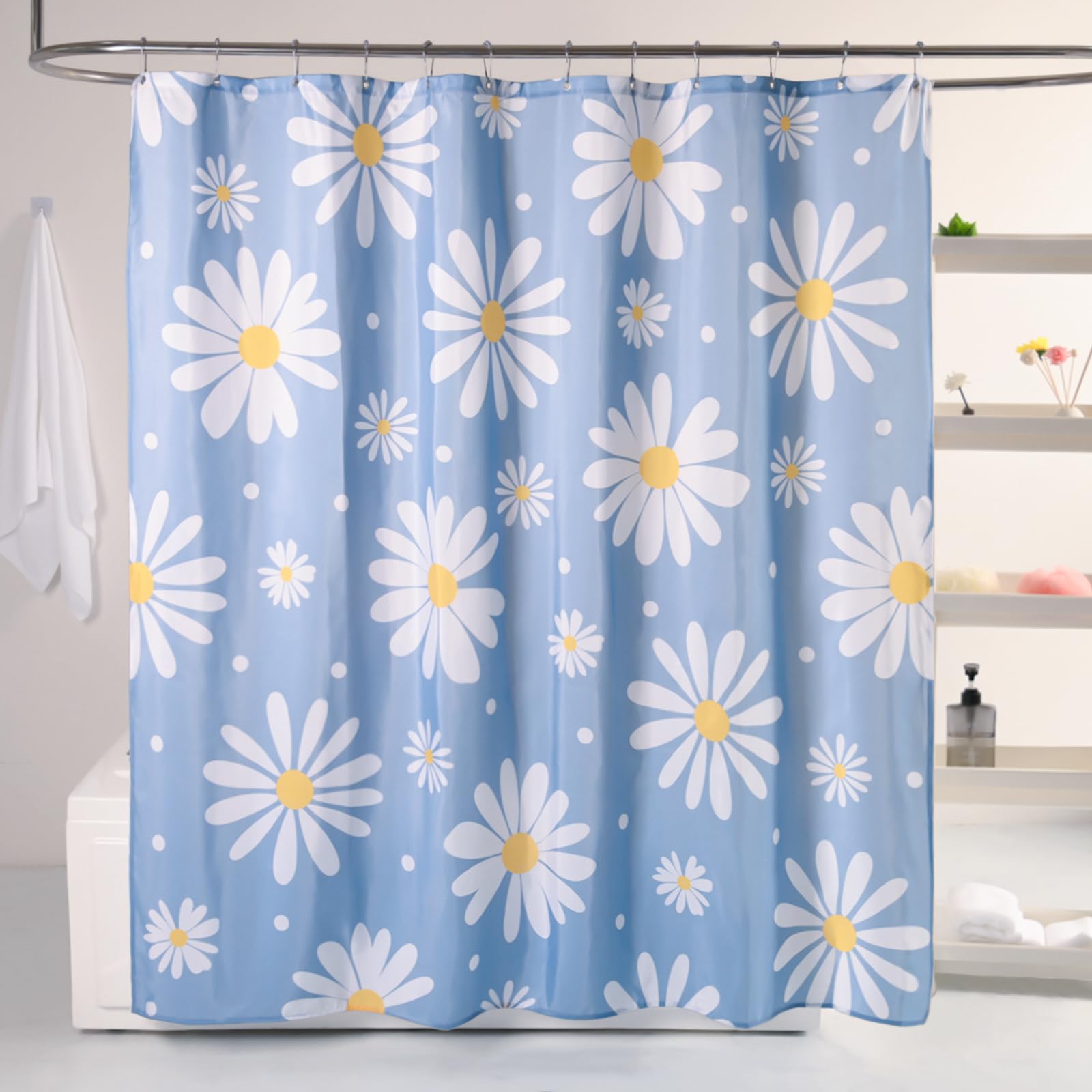 QJHOMO Blue Floral Shower Curtain Set Cute Daisy Bathroom Curtain, Washable Waterproof Fabric Long Shower Curtains with 12 Hooks