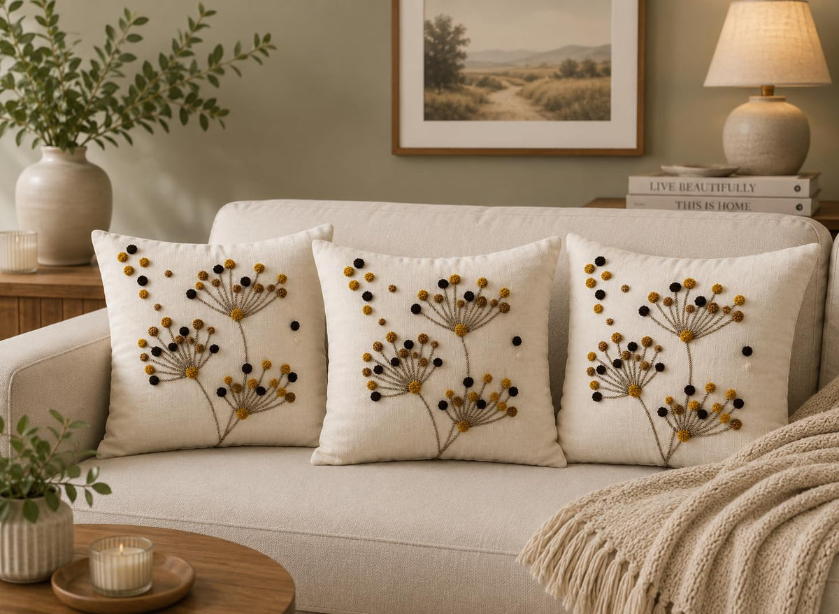 Samair Floral Embroidered Cushion Covers, Beige, Set Of 3, Boho Living Room Decor 16X16 Inches (Cream)