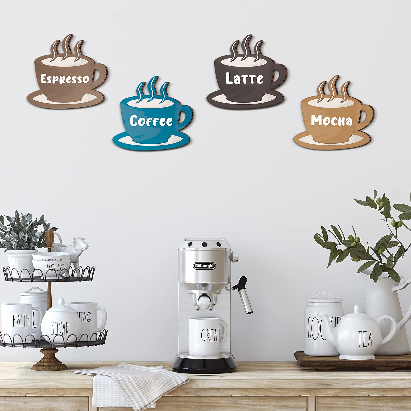 4 Pieces Coffee Wooden Wall Art Decor Coffee Cup Wooden Wall Sign Latte Coffee Espresso Mocha Wood Sign Vintage Coffee Bar Wall
