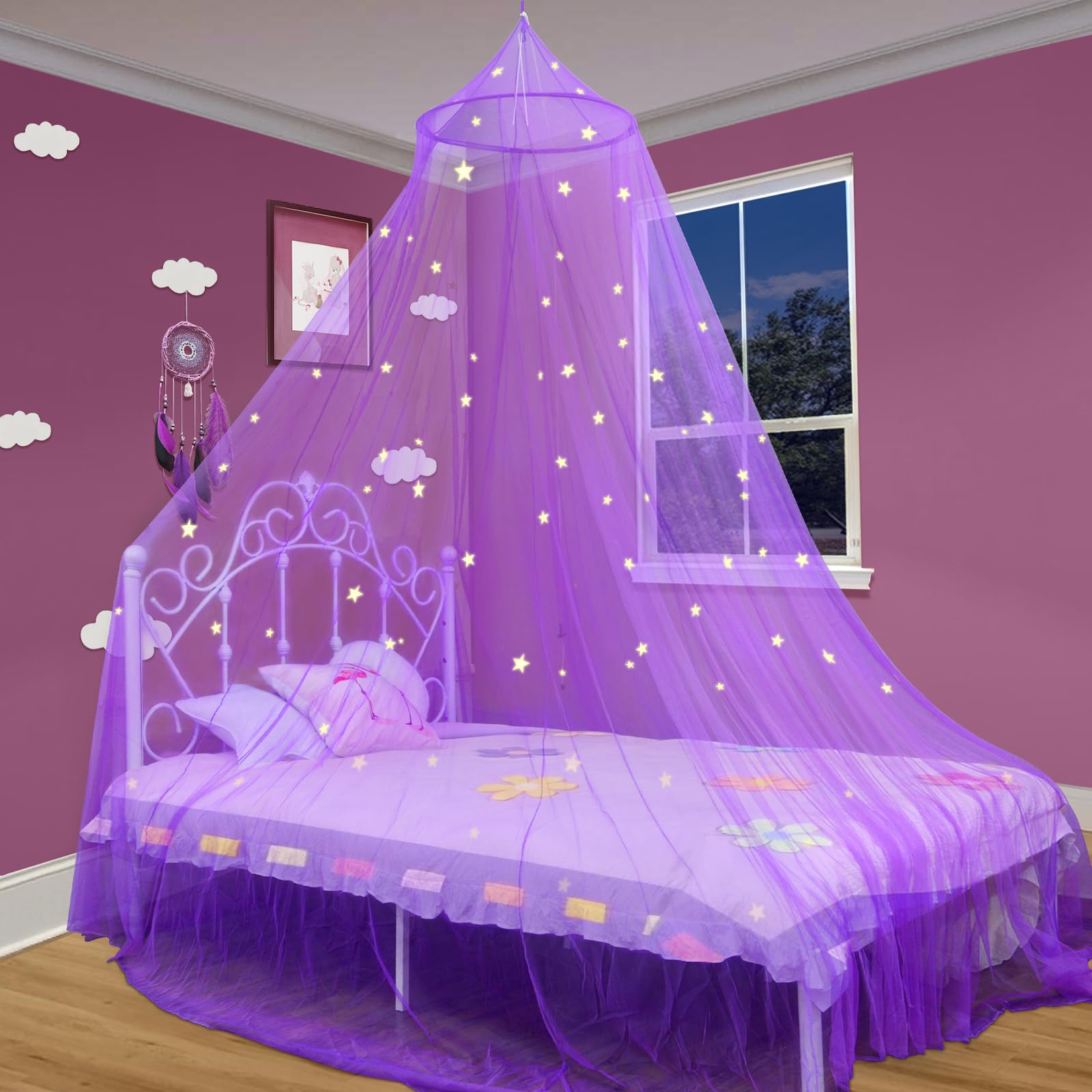 South To East Princess Bed Canopy For Girls With Glowing Stars, Purple Bed Canopy For Girls Room, Bed Canopy Curtains From Ceili