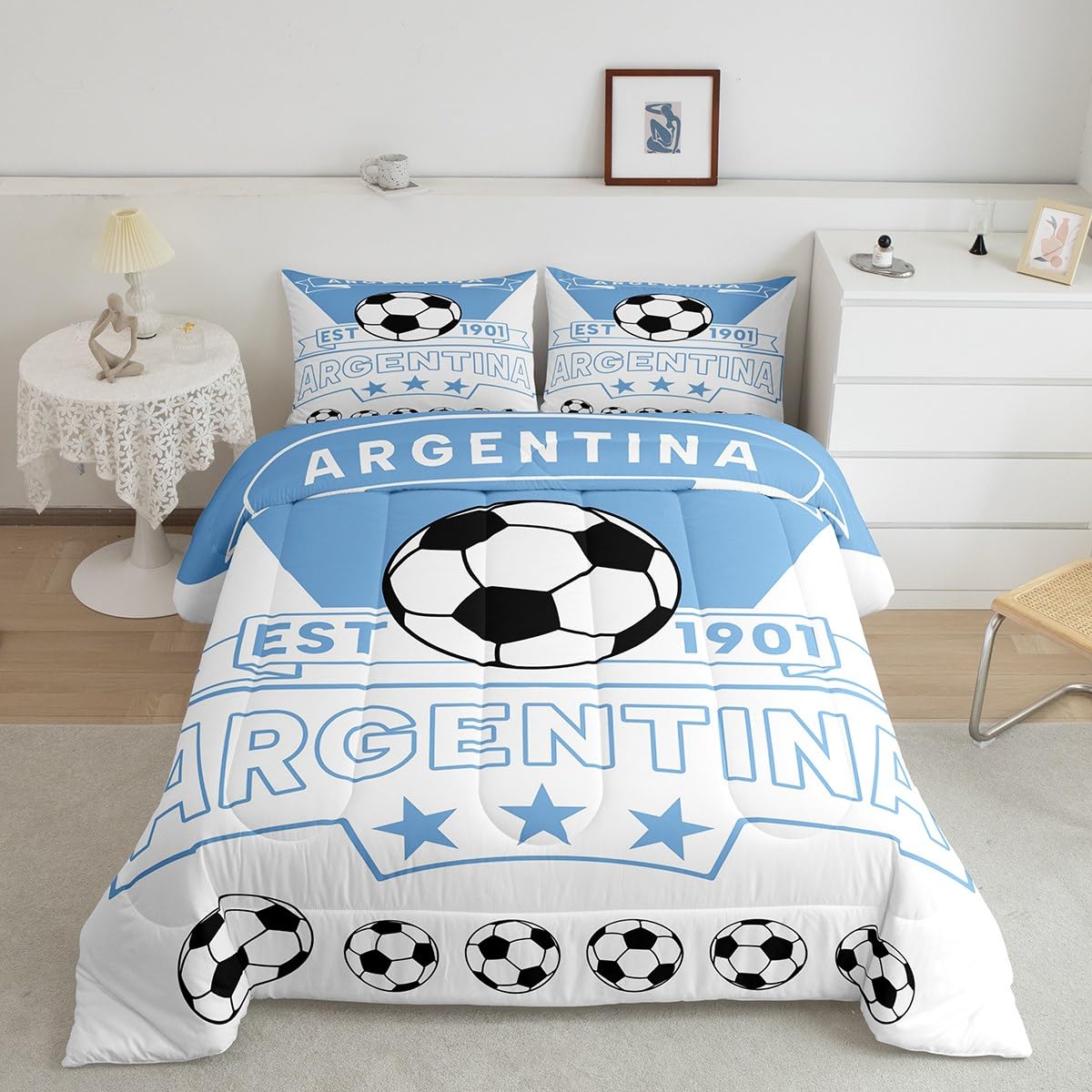 Feelyou Football Sport Bedding Set Full Size Soccer Theme for Kids Boys Comforter Set Argentina Football Teens Duvet Set Blue Wh