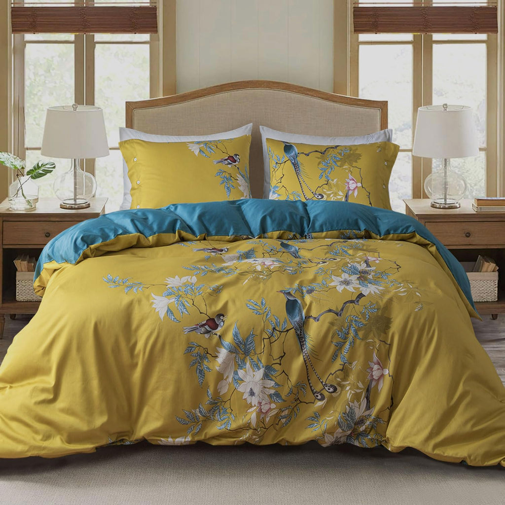 Eavd Vintage Garden Botanical Flower Cute Birds Pattern Duvet Cover King Cotton Yellow Chic Floral Tree Branches Printed Bedding