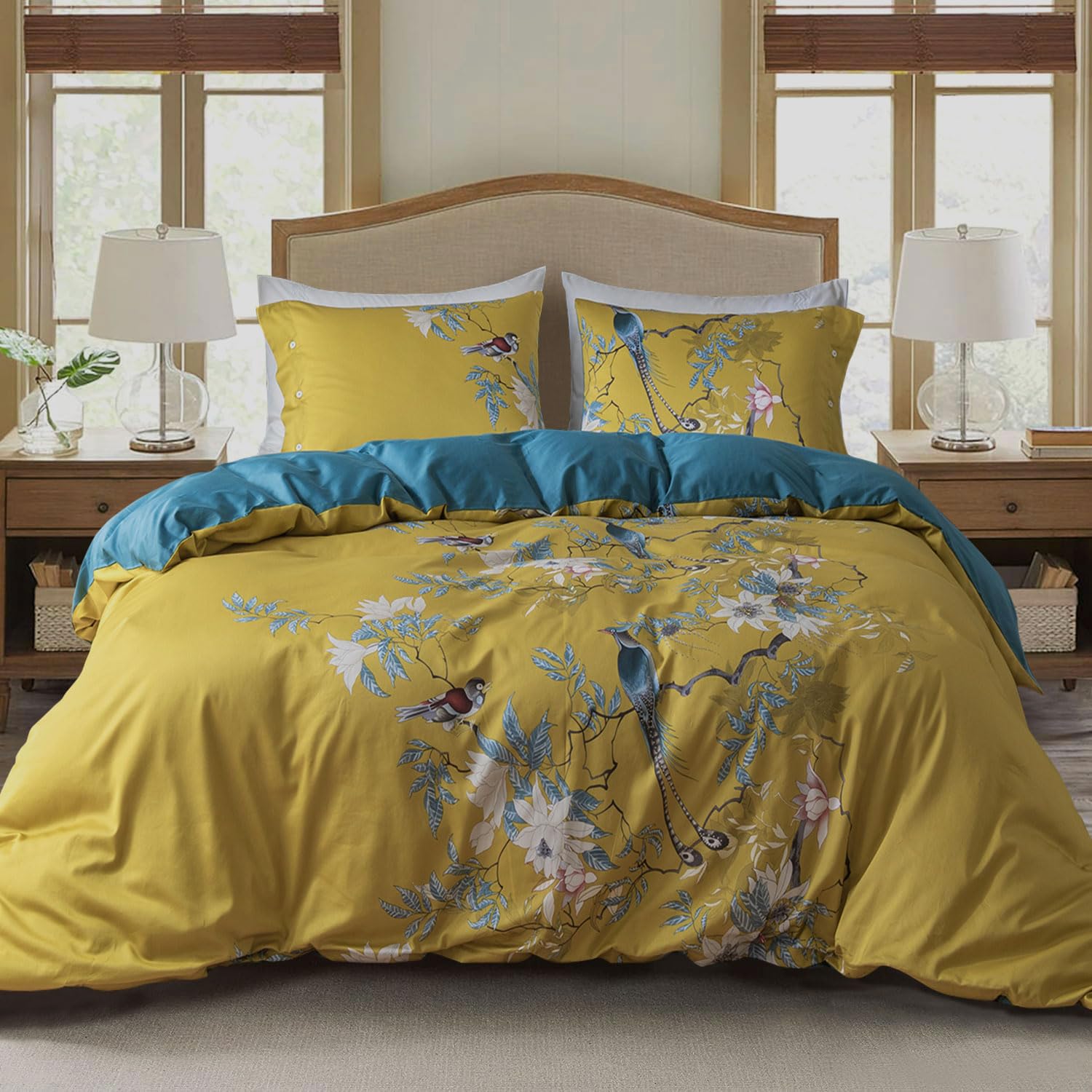 Eavd Vintage Garden Botanical Flower Cute Birds Pattern Duvet Cover King Cotton Yellow Chic Floral Tree Branches Printed Bedding