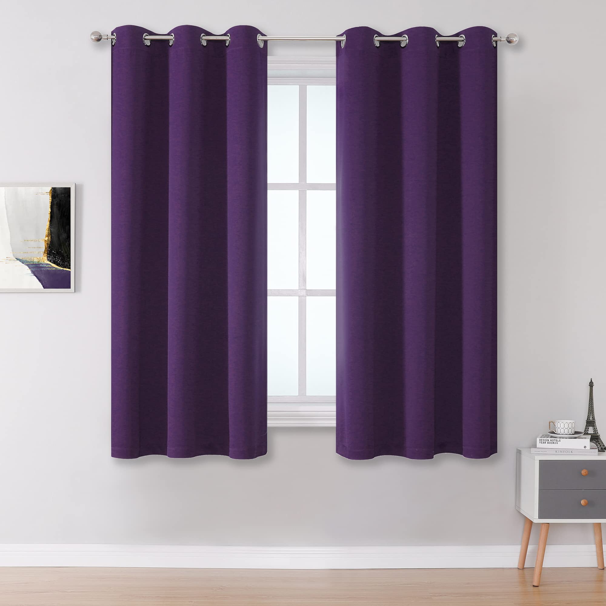 Dualife Dark Purple Blackout Curtain Panels For Small Window Treatment 54 Inch Length Set Of 2 Panels Thermal Insulated Room Dar
