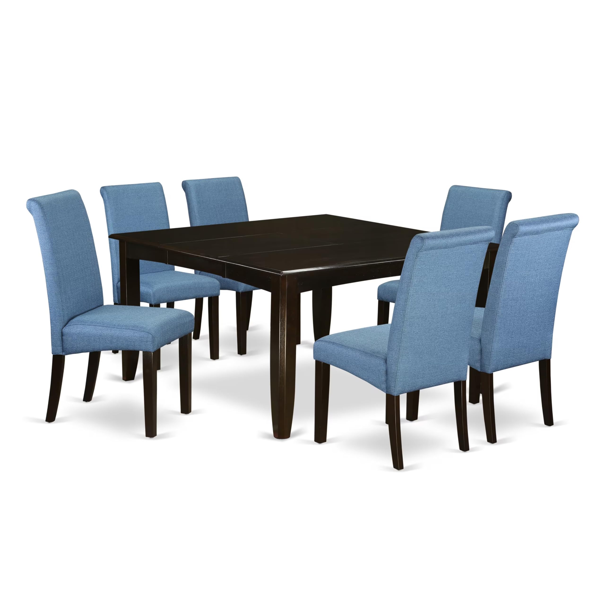 East West Furniture Pfba7-Cap-21 7 Piece Dinette Set Consist Of A Square Dining Room Table With Butterfly Leaf And 6 Blue Color Linen Fabric Upholstered Chairs, 54X54 Inch, Cappuccino