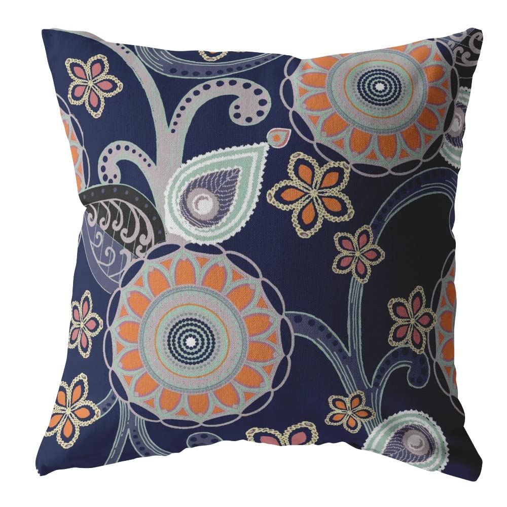 HomeRoots Orange, Light Green, Gray On Indigo 20â€ Indigo Orange Floral Suede Throw Pillow