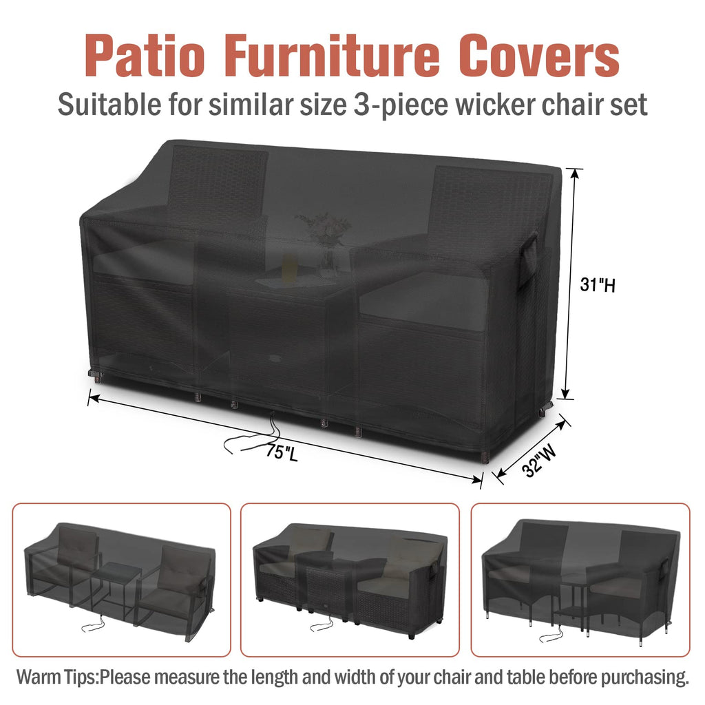 Kingling Patio Furniture Covers For 3 Piece Patio Chairs Set, Outdoor Furniture Cover Waterproof Wicker Chairs Cover - 75'L X32'W X31'H