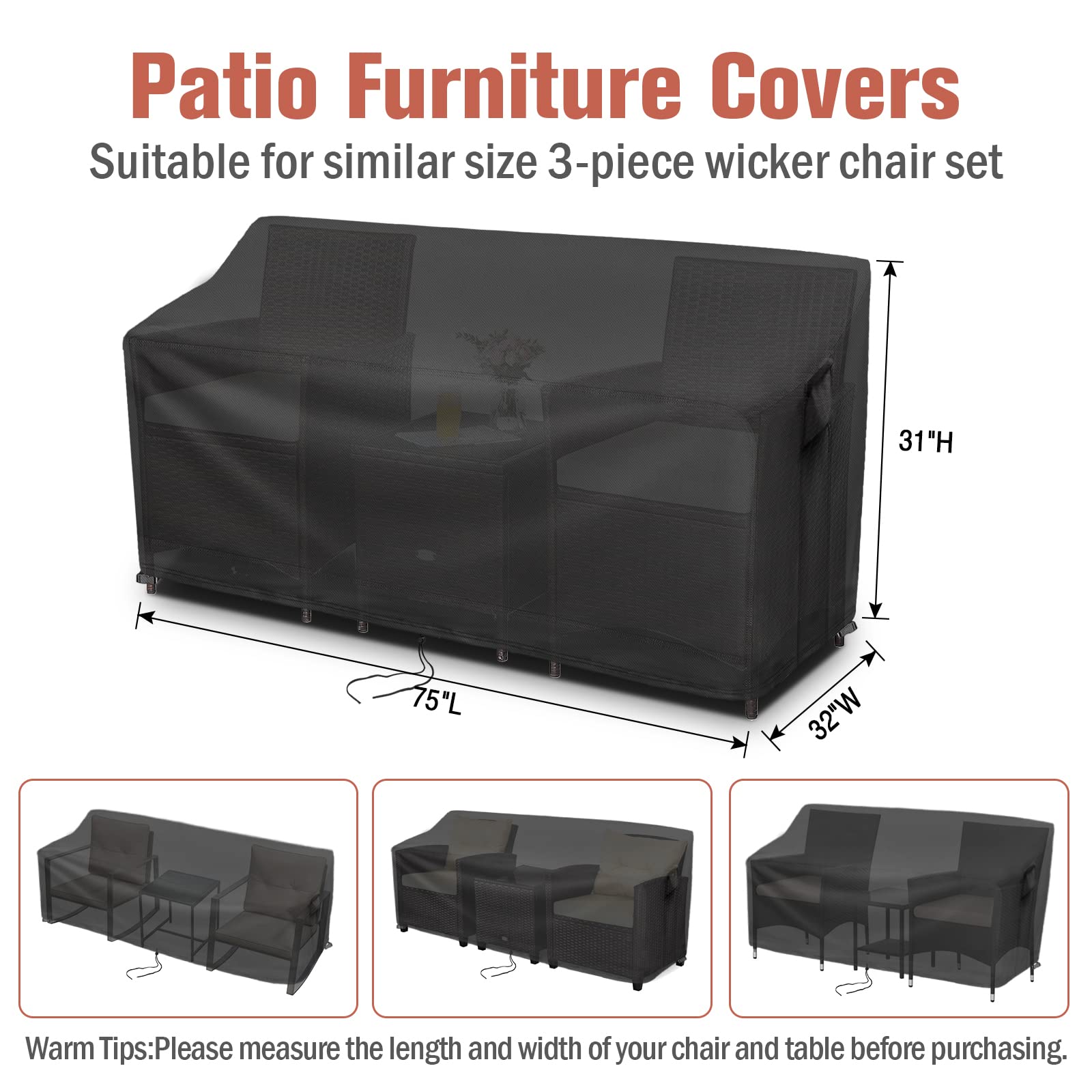 Kingling Patio Furniture Covers For 3 Piece Patio Chairs Set, Outdoor Furniture Cover Waterproof Wicker Chairs Cover - 75'L X32'W X31'H