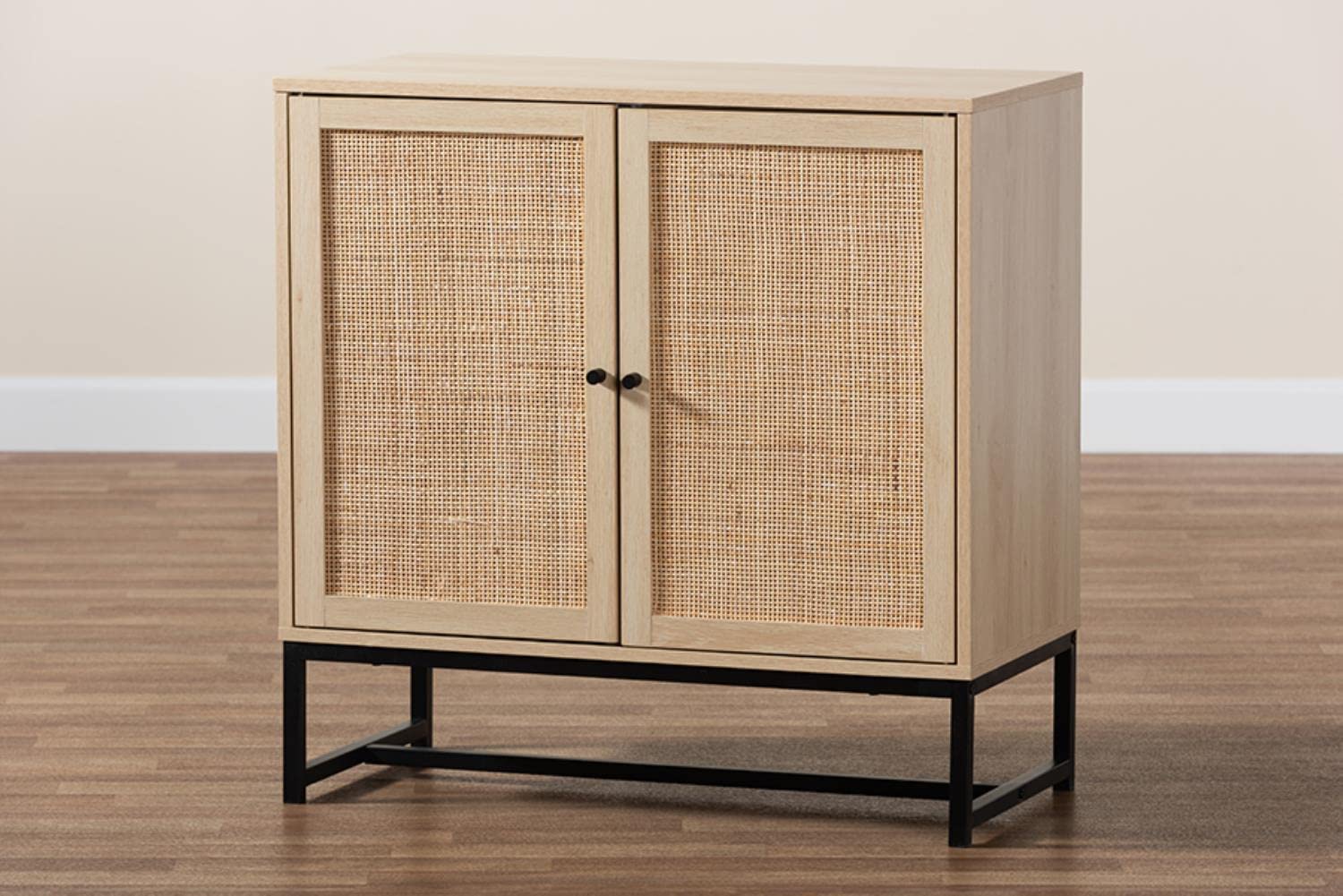 Baxton Studio Caterina Brown Wood and Natural Rattan 2-Door Storage Cabinet
