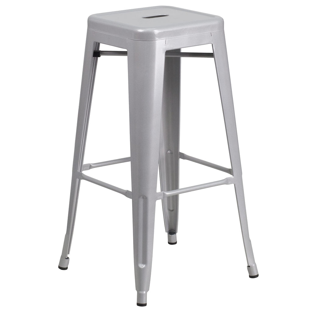 Flash Furniture Ormsby Commercial Grade 24" Round Silver Metal Indoor-Outdoor Bar Table Set with 4 Square Seat Backless Stools
