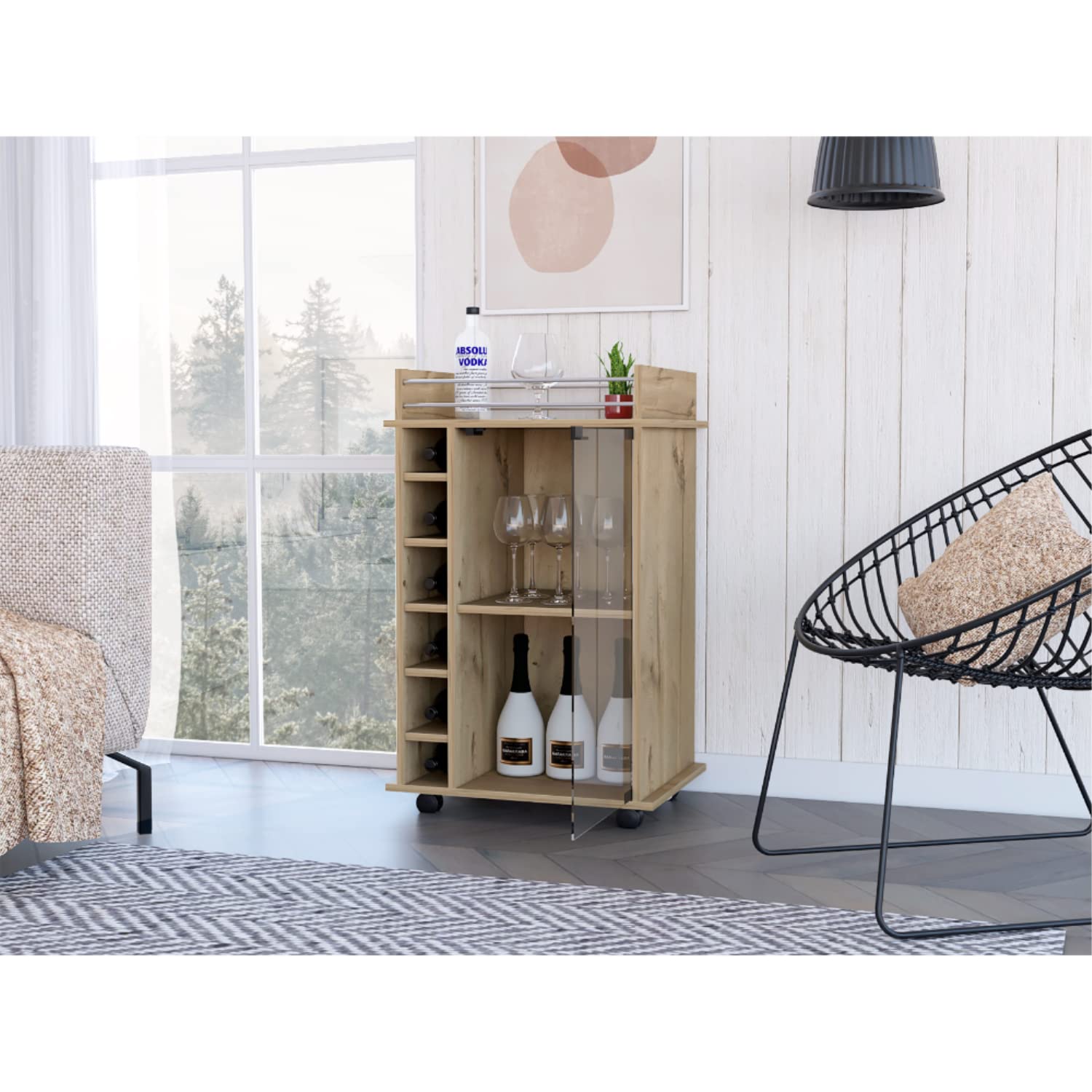 Huali Bar Cart with 6 Wine Cubbies, Glass Door, 4 Casters, and 2 Inner Shelves, Light Oak