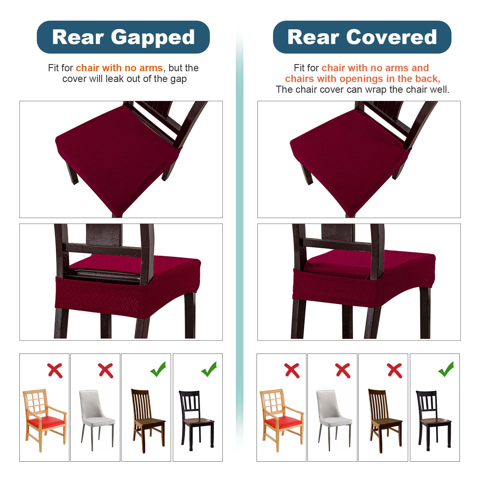 Genina Waterproof Seat Covers For Dining Room Chair Covers Waterproof Dining Chair Covers (6 Pcs-Rear-Covered, Wine Red)