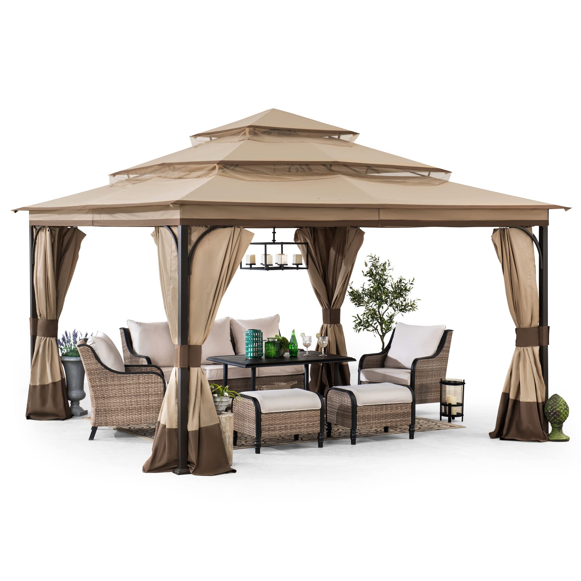 Sunjoy 13x13 ft. Steel Gazebo with 3-Tier Canopy Roof, Outdoor Steel Frame Soft Top Gazebo with Netting and Curtains, Tan and Br