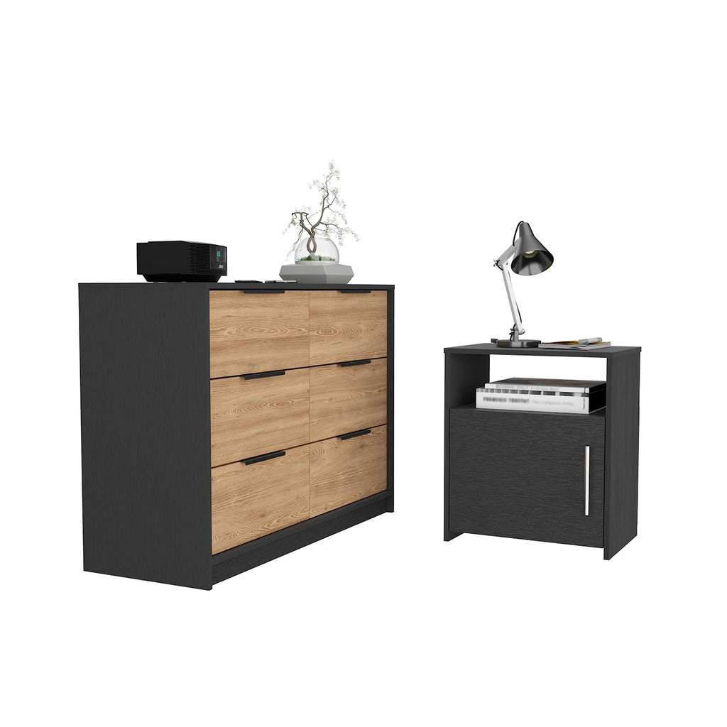 DEPOT E-SHOP Bangor 2 Piece Bedroom Set, Drawer Dresser and Nightstand, Black/Pine