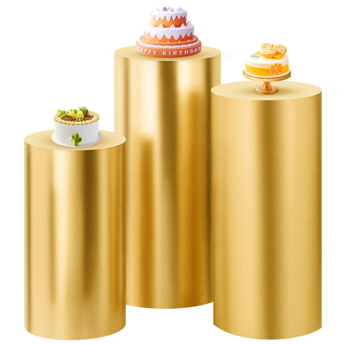 SaitiMade Set of 3 - Gold Cylinder Pedestal Stand Covers, Flexible Cylinder Stand Covers for Party, Wedding or Birthday Event De