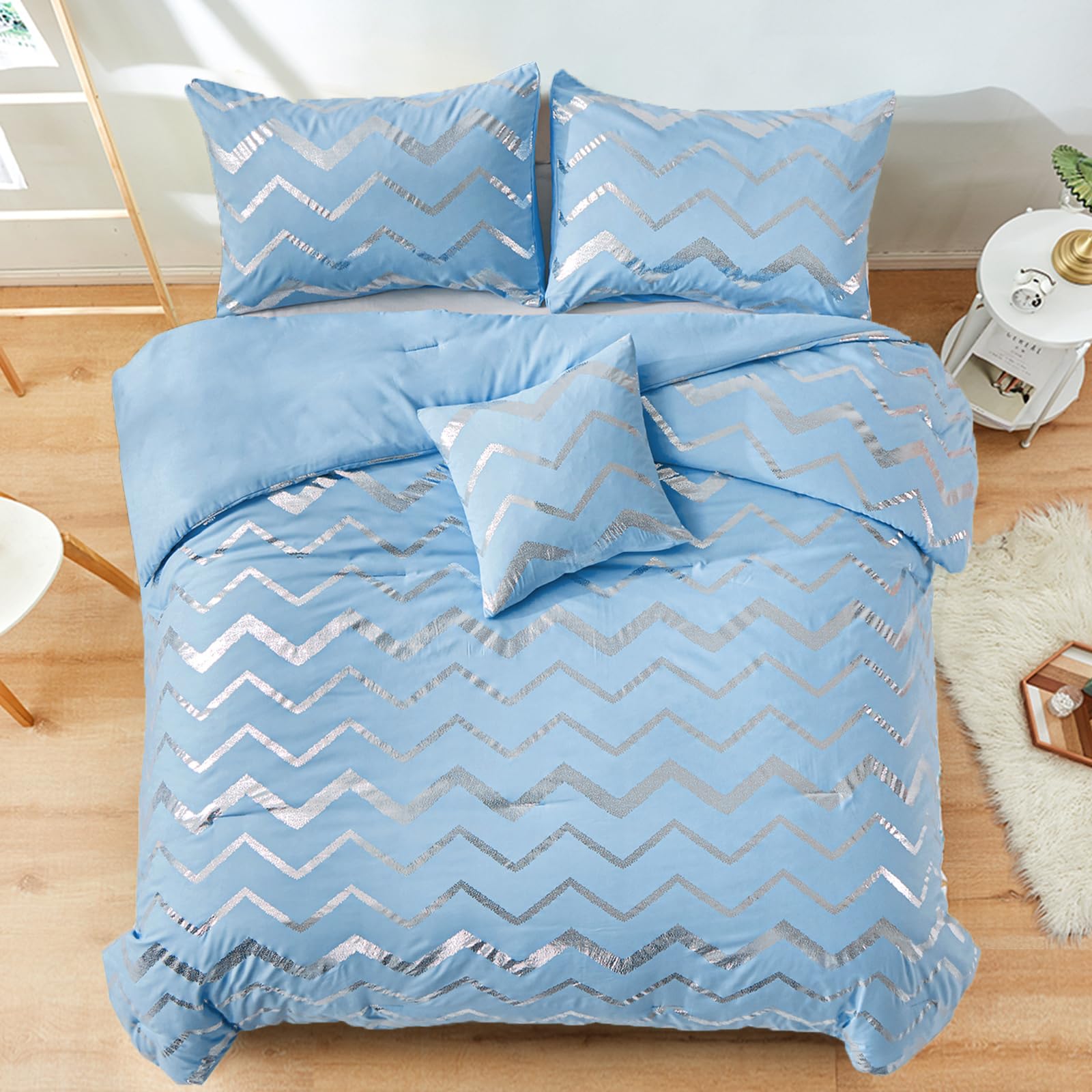 Menghomeus Blue/Silver Comforter Set Queen/Full Size Metallic Print Glitter Bedding Set Cute Shinny Bed Sets For Teen Girls Kids