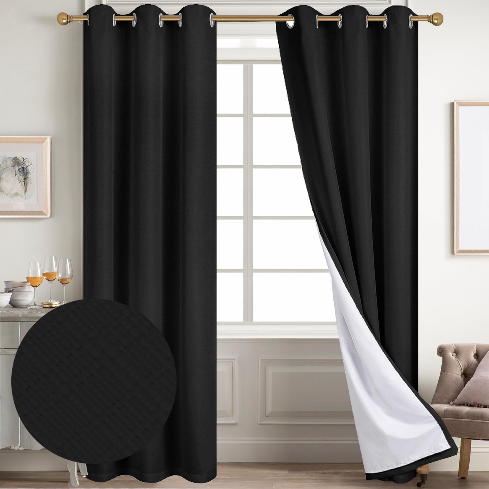 Diraysid 100% Blackout Curtains Black Linen Curtains For Bedroom Grommet Thermal Insulated Room Darkening Drapes (2 Panels, W42
