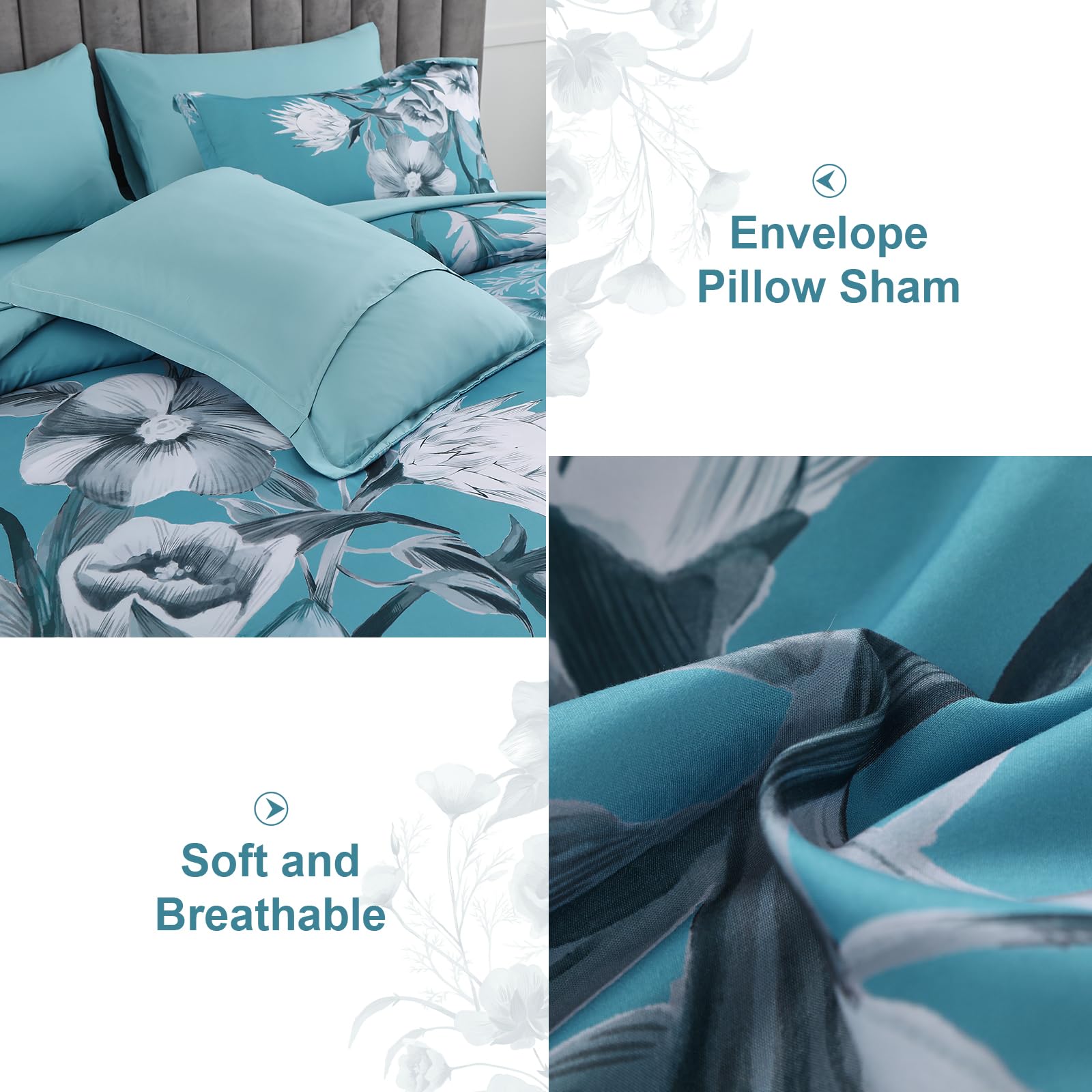 Luxudecor Floral Comforter Set King Size 7 Piece, Teal Blue Flower Bed In A Bag, Elegant Comforter Bedding Set For All Season (T