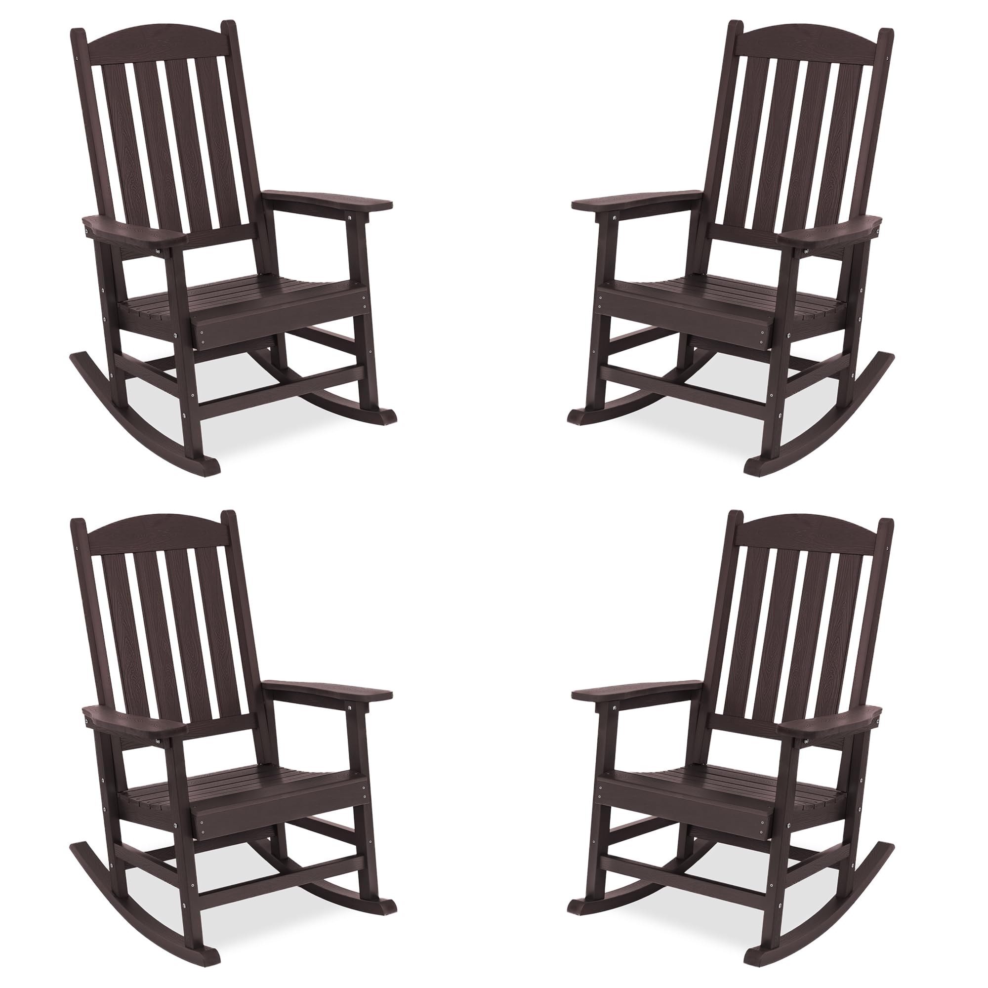 Lue Bona Outdoor Rocking Chairs Set Of 4, Hdps Poly Rocking Chair, All Weather Resistant Plastic Outdoor Indoor Porch Rocker, Heavy Duty Rocking Chair For Patio, Lawn, Garden, 300Lbs, Espresso