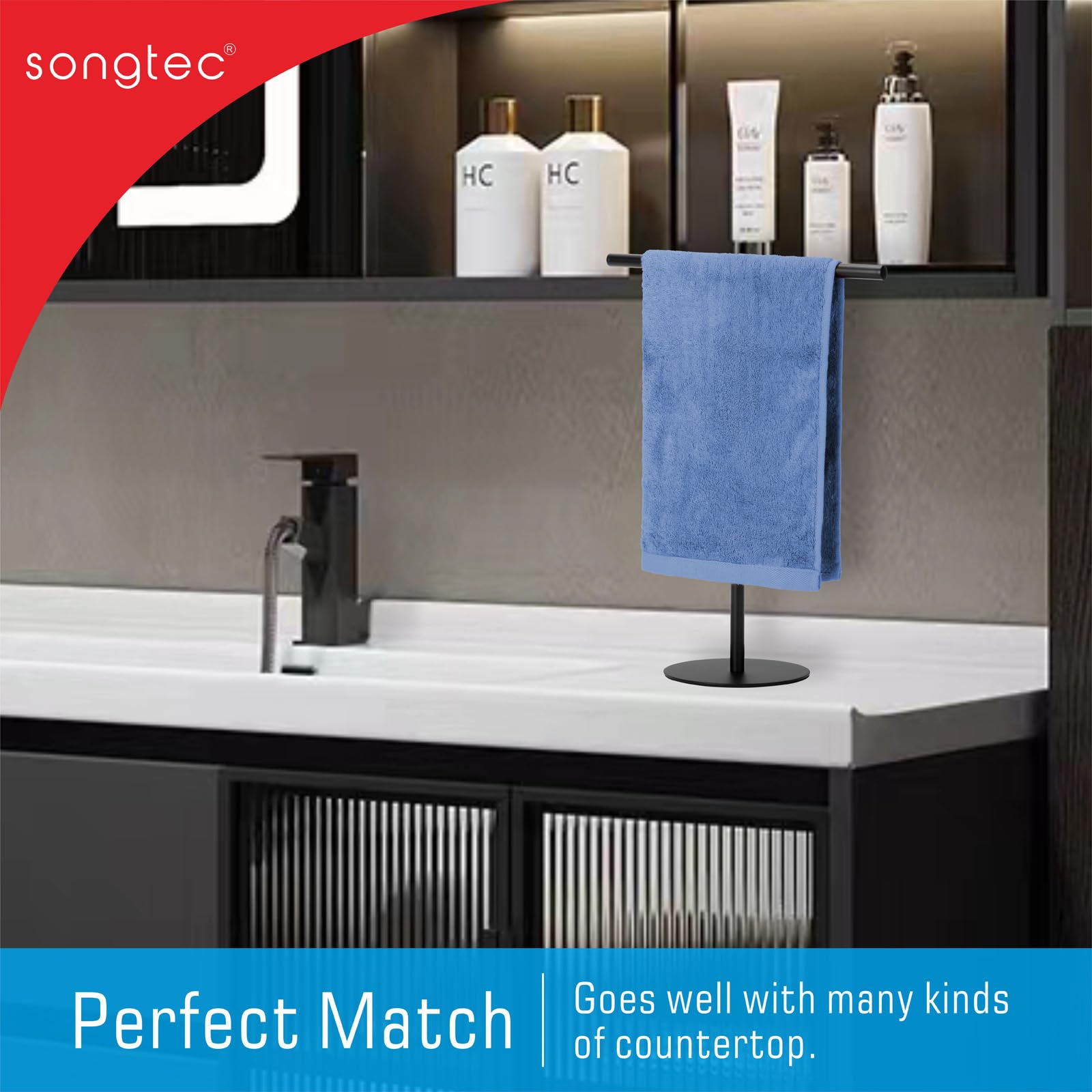 Songtec Hand Towel Holder Stand For Bathroom, Fingertip Towel Rack, Rust-Proof Accessories Jewelry Stand - Black