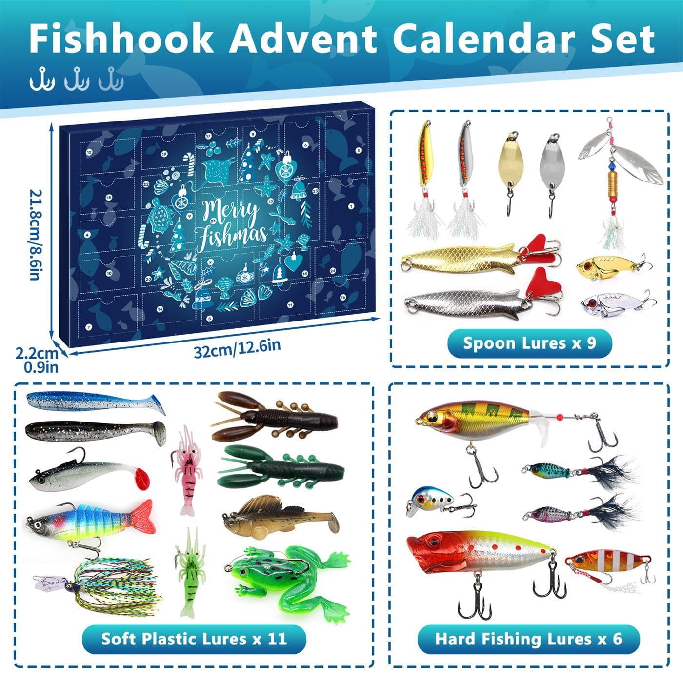 Movinpe Fishing Advent Calendar For Adult Men Teen Boys, 2024 Fishing Lure Christmas Gifts, 24 Days Topwater Lures Fishing Spoon