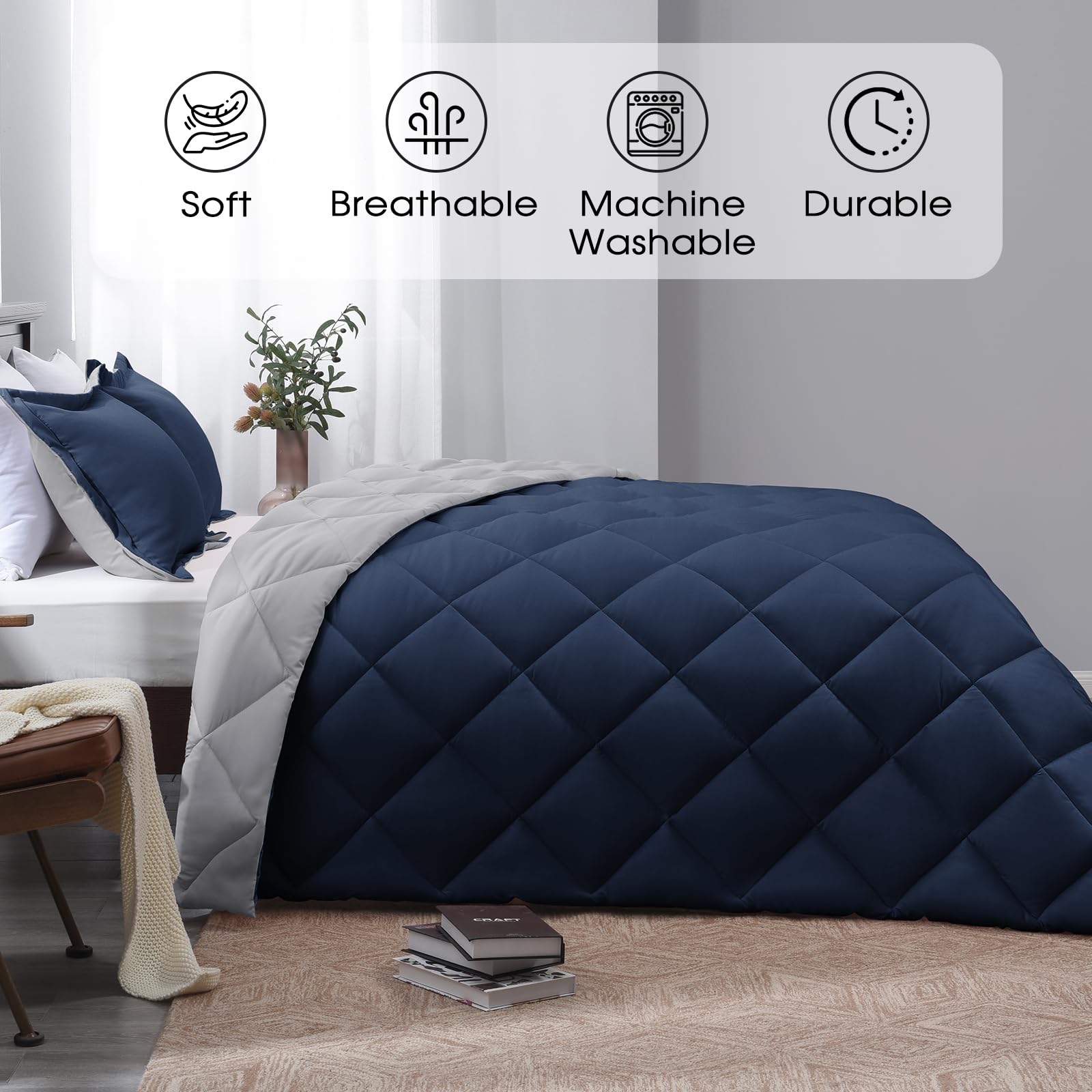 Basic Beyond California King Comforter Set Reversible Cal King Comforter Set, Navy Blue Comforter Set California King For All Seasons, 1 Comforter 106'X92' And 2 Pillow Shams 20'X36'+2'