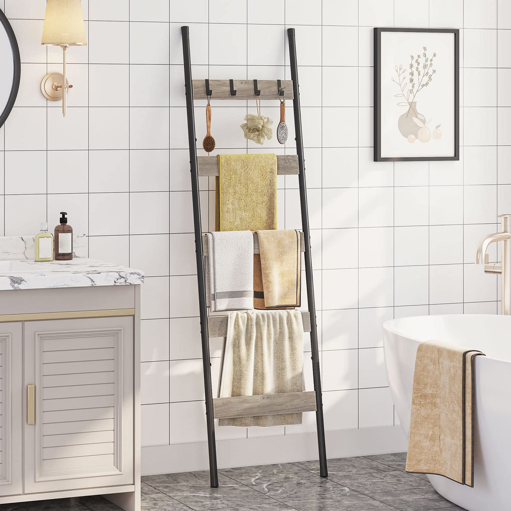 Hoobro Blanket Ladder, 5-Tier Towel Rack With Hooks, Wall-Leaning Blanket Rack, Decorative Display Ladder Shelf, Scarves, Indust