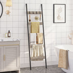 Hoobro Blanket Ladder, 5-Tier Towel Rack With Hooks, Wall-Leaning Blanket Rack, Decorative Display Ladder Shelf, Scarves, Indust