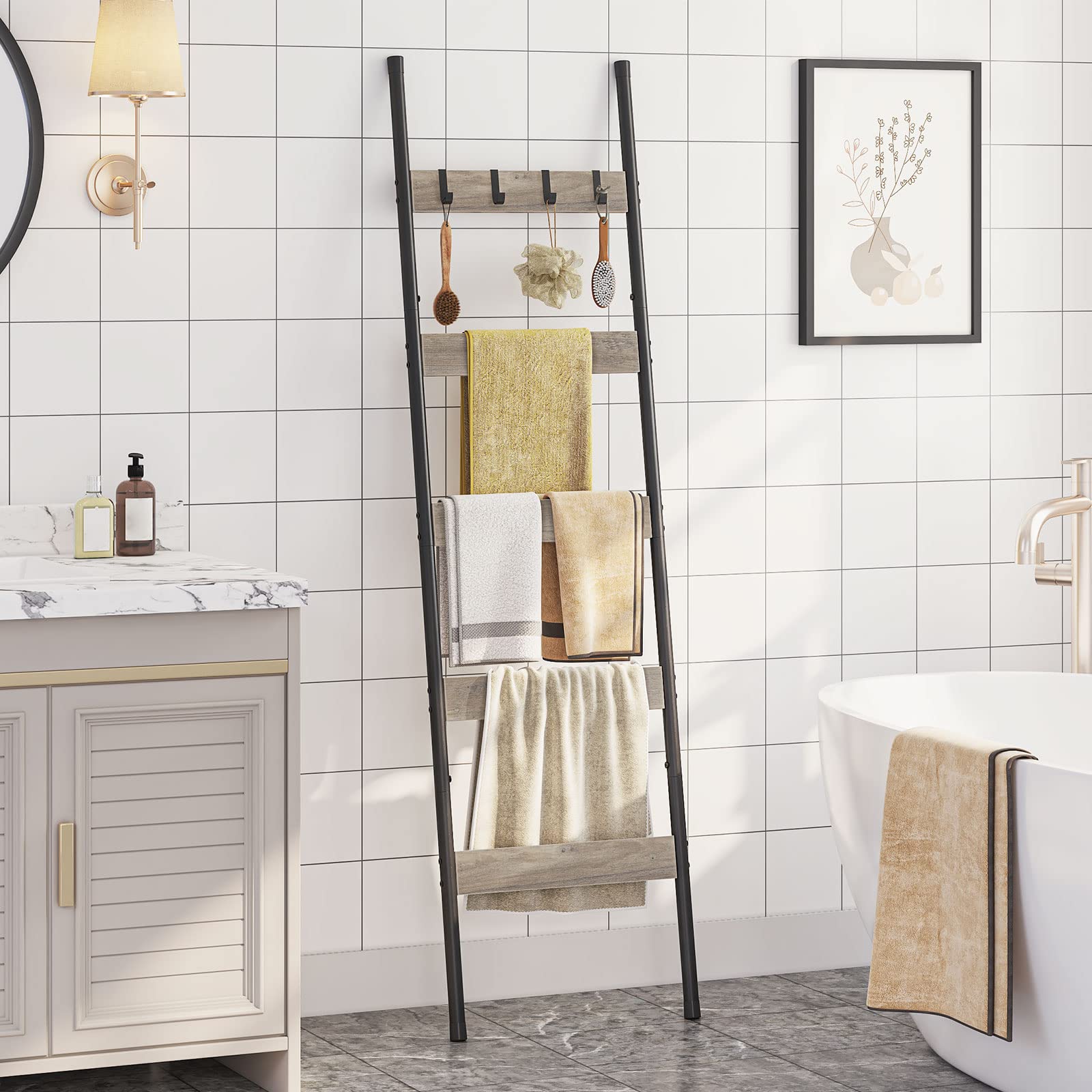 Hoobro Blanket Ladder, 5-Tier Towel Rack With Hooks, Wall-Leaning Blanket Rack, Decorative Display Ladder Shelf, Scarves, Indust