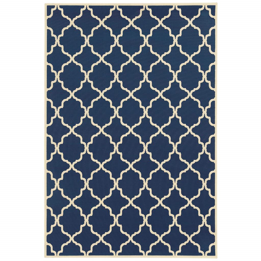 HomeRoots Polypropylene 3’x5’ Blue and Ivory Trellis Indoor Outdoor Area Rug