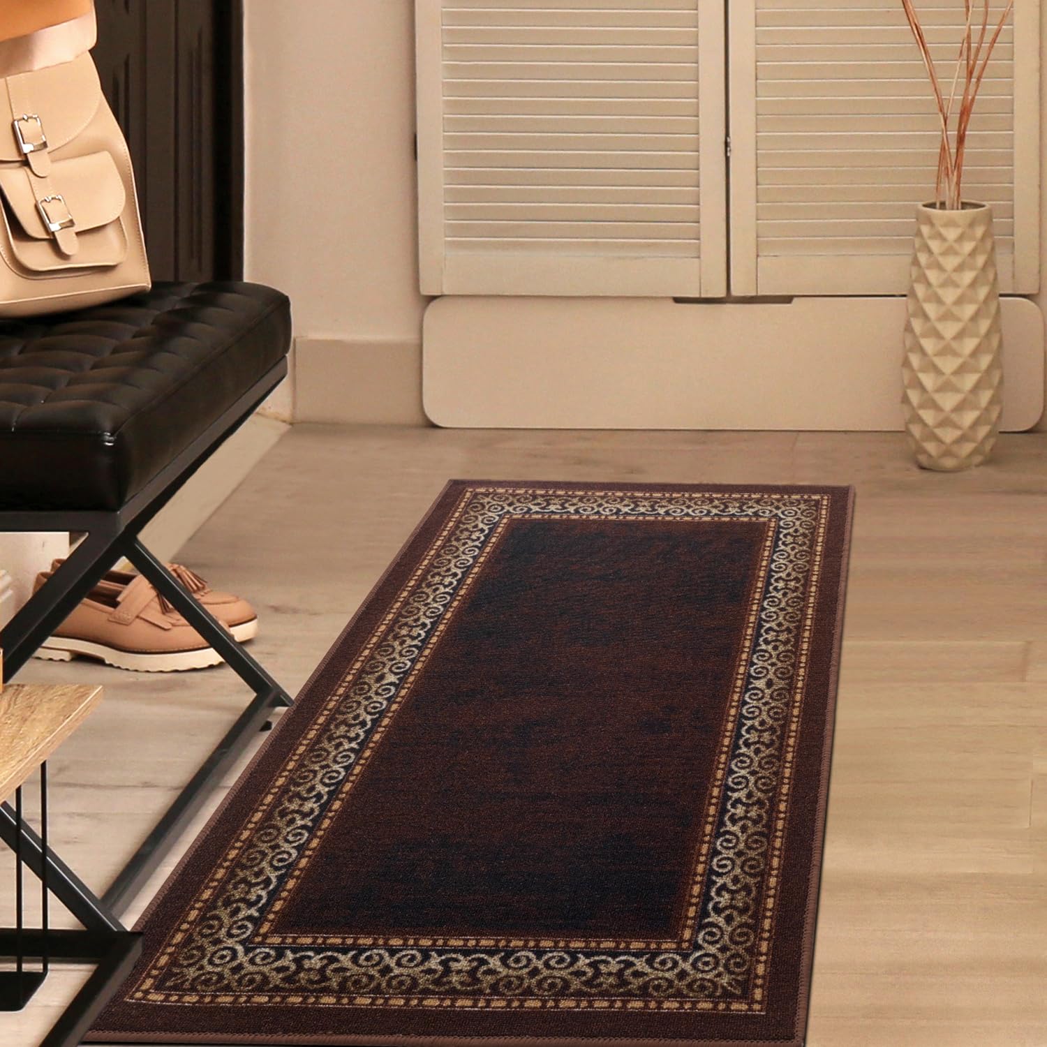 Antep Rugs Alfombras Bordered Modern 2x4 Non-Slip (Non-Skid) Low Pile Rubber Backing Kitchen Area Rug (Brown, 23 x 4)